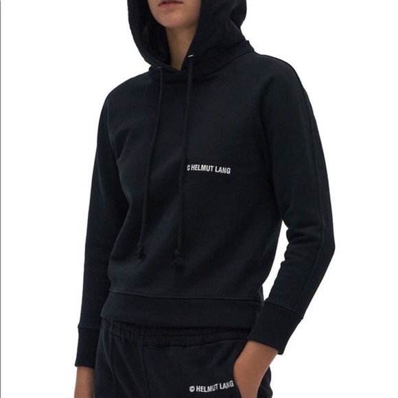 Helmut Lang Black White Logo Embroidered Hoodie Medium Cotton Hooded Sweatshirt - Picture 7 of 7